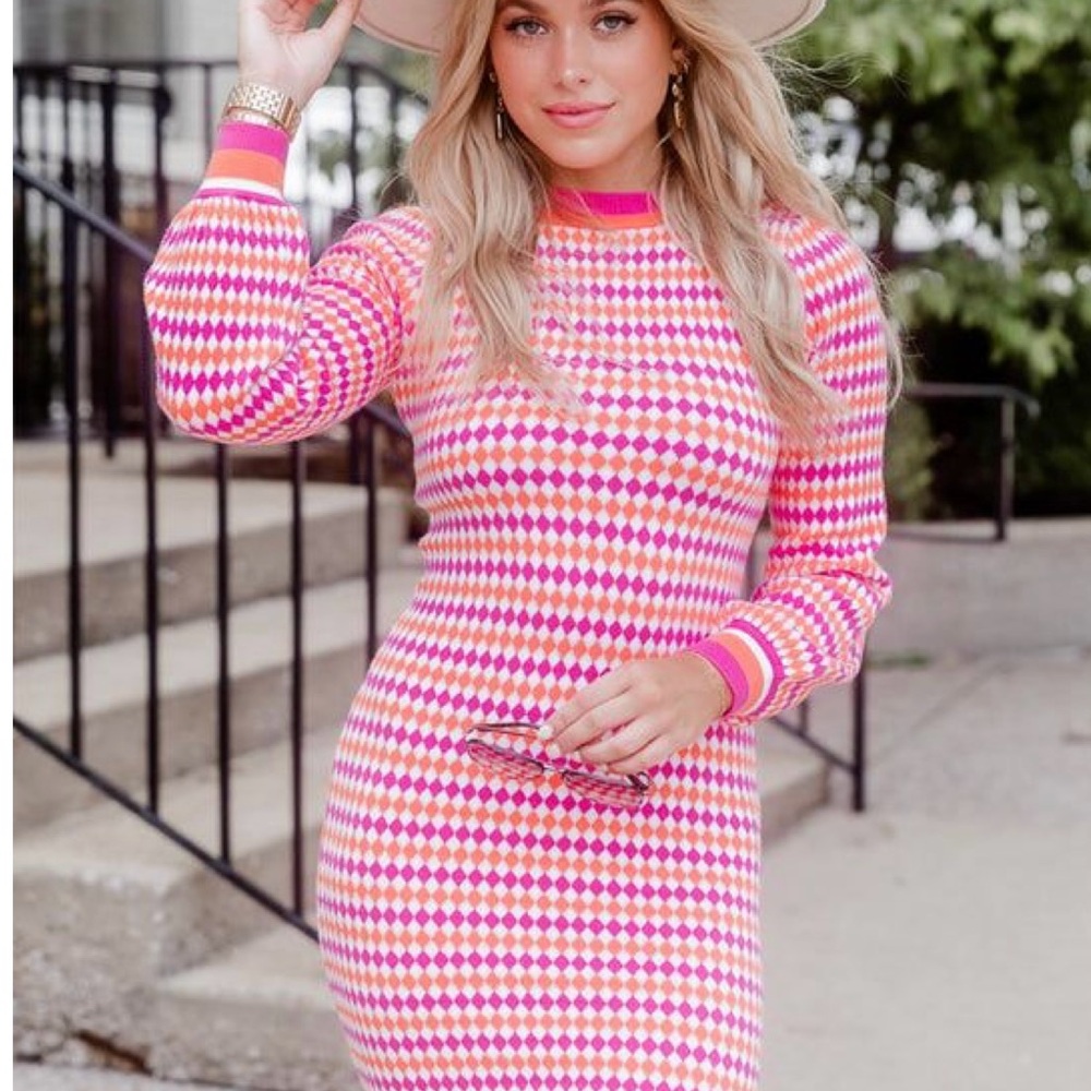 Pink Lily Pink, Orange and White Long Sleeve Sweater Dress